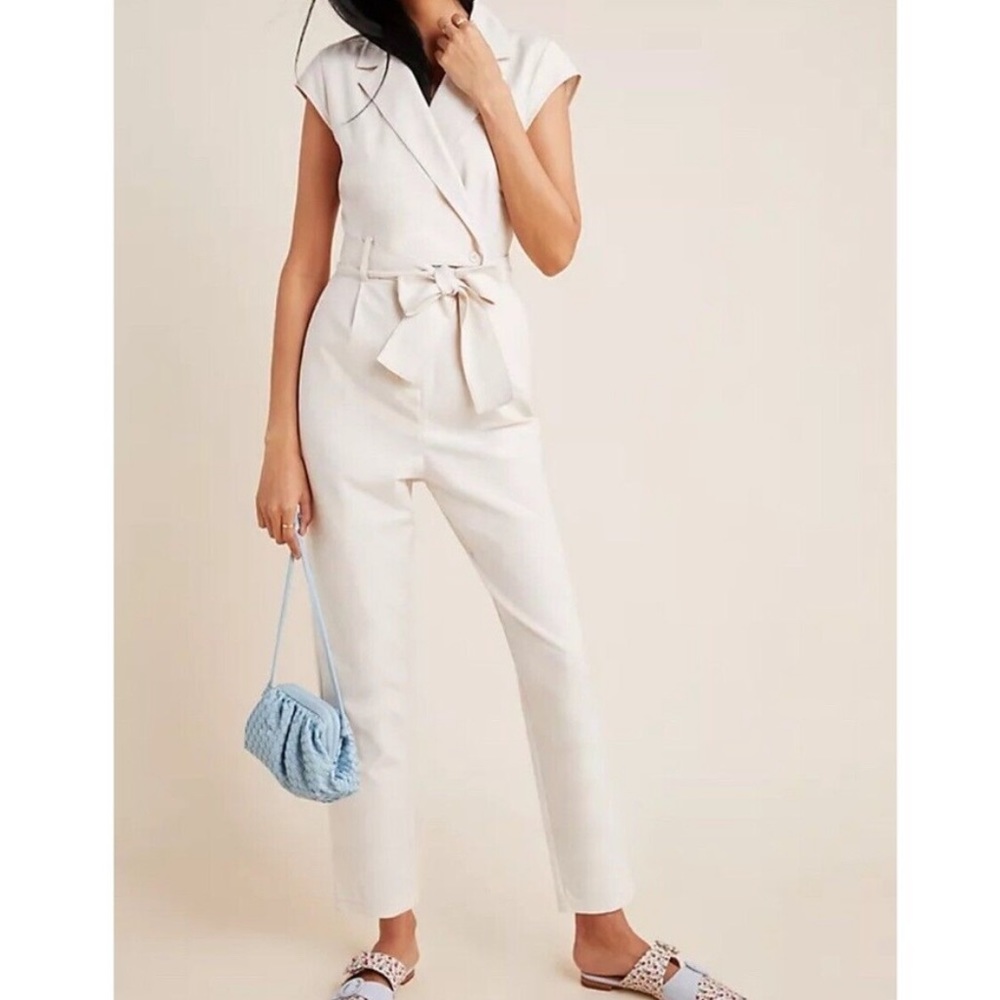 Anthropologie Beige Eliza Belted Utility Jumpsuit